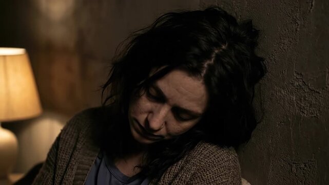 Woman sitting in dim room with thoughtful expression. Contemplative mood under warm lamp light. Sequence of introspective moments capturing quiet emotional reflection and inner turmoil concept.