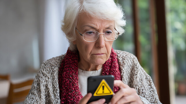Concerned Senior Woman View Cell Phone with Warning Icon. Elder Lady Read Message on Smartphone, Digital Security Concept for Older Adults
