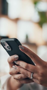 Hands, business and woman with phone in office for real estate, research and contact client. Person, typing and buyer inquiry with mobile, schedule viewing and online negotiation for property auction