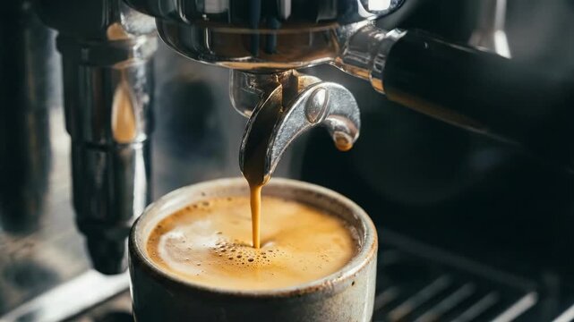 Espresso machine dispensing hot coffee into ceramic cup. Streaming brew filling vessel with steam rising. Fresh beverage preparation process in kitchen or cafe setting.