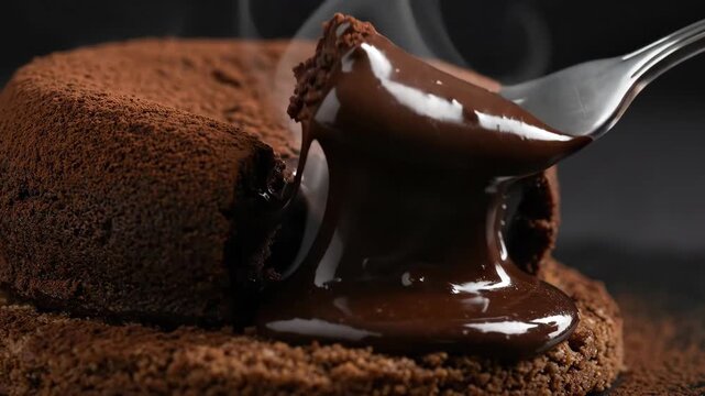 Molten chocolate lava cake cut open by fork. Gooey center oozing out in close-up sequence. Indulgent dessert revealing warm chocolate flow for baking and food enjoyment concept.