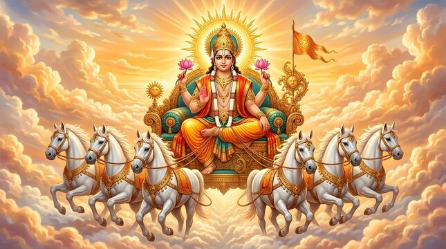 Hindu Sun God Surya Riding Chariot with Horses in Vibrant Sky