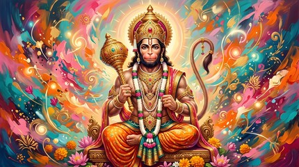 Obraz premium Vibrant Illustration of Hindu Deity Hanuman with Colorful Abstract Background