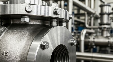 Fototapeta premium Industrial Steel Infrastructure with Equipment, Pipework, Bolted Connections, and Plumbing Systems