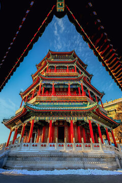 Summer Palace Pavilion, Beijing - Upward View of Traditional Chinese Architecture