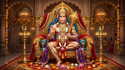 Fototapeta premium Traditional Hindu deity Hanuman seated in ornate temple setting