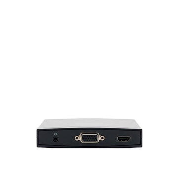 Small black and silver electronic device with v g a and h d m i ports