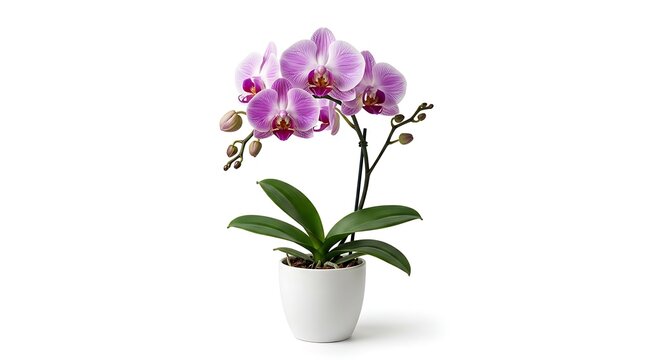 Beautiful purple orchid plant in a white pot on a white background for interior design and decoration ideas