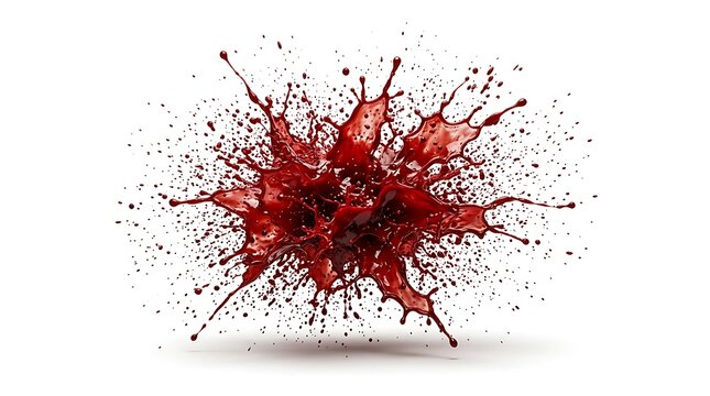 Red liquid splashing and exploding in mid-air on white background with dynamic droplets and splatters