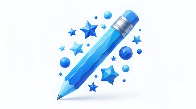 Blue pencil with silver ferrule and eraser surrounded by blue stars and spheres on white background for creative concept