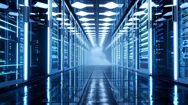 A cool, blue-lit data center hallway, reflecting in a shiny floor, creating a futuristic, surreal vibe