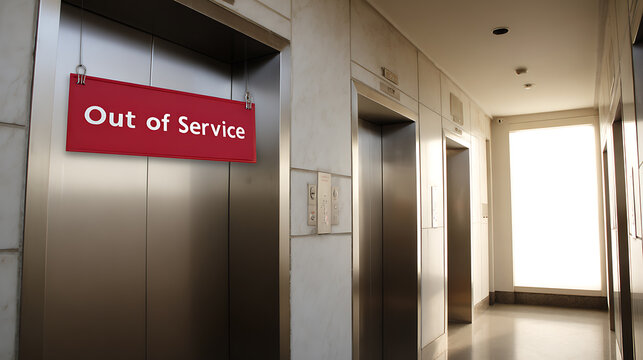 Out of Service Elevator with Red Sign in Modern Hallway, Indicating Malfunction or Repair, Concept of Downtime and Waiting in Building