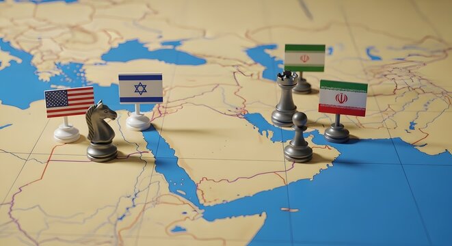 A map with flags of usa israel and iran marked on it
