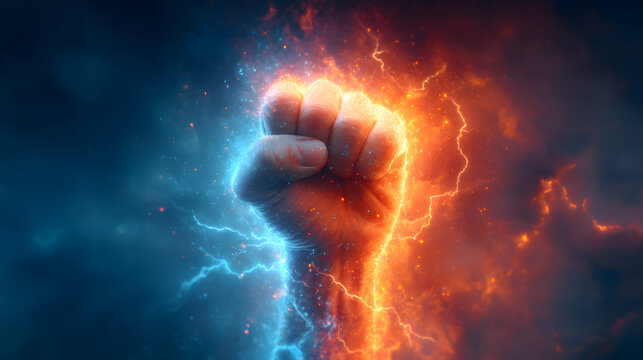 Powerful fist with energy explosion strength power concept motivation determination and success background