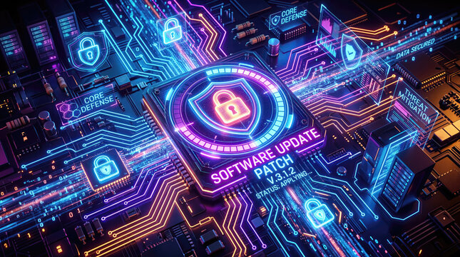 Vulnerability management patching strategy security concept. Futuristic circuit board with digital security and update graphics.