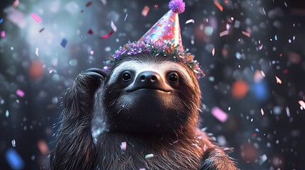 Fototapeta premium Sloth in a festive mood, wearing a party hat and surrounded by floating confetti. .