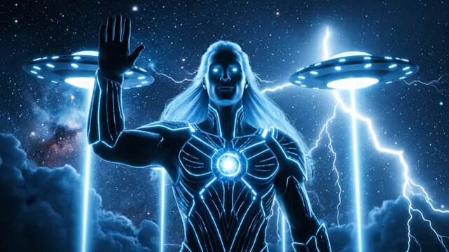 Majestic science fiction cinematic shot of Ashtar Pleiadian star commander standing proudly in deep cosmic space tall luminous humanoid with glowing blue eyes and long silver hair moving gently in cos