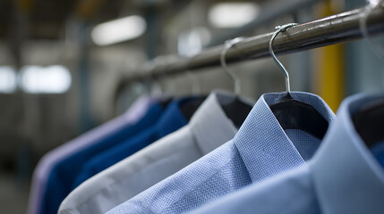 Fototapeta premium Clean Dress Shirts Hang on Rack in Industrial Laundry Facility, Freshly Laundered Garments Ready for Professional Use or Retail Display