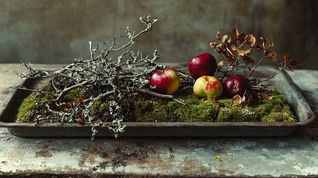 Soft moss and lichen-covered twigs resting on a rustic tray with dried apples. .