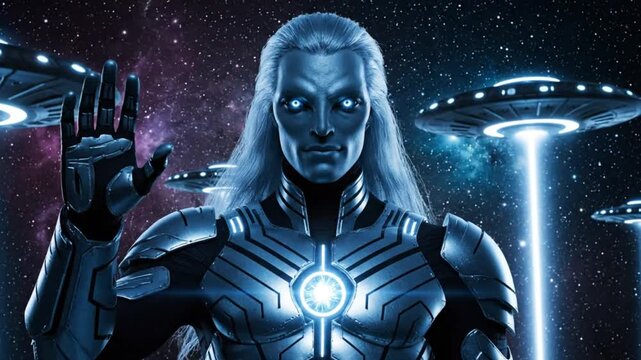 Ultra detailed cinematic sci fi portrait of Ashtar commander of the Silver Fleet floating in the vast universe tall noble alien humanoid with glowing blue eyes and flowing silver hair wearing sleek fu