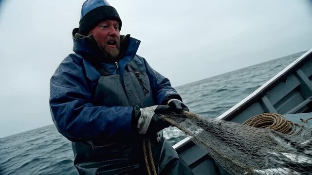 Man on a boat pulling a large fishing net in the ocean on a cloudy day