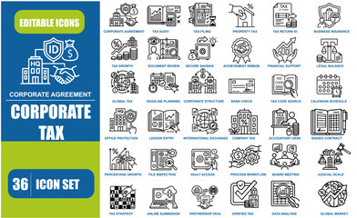 Fototapeta premium Corporate Tax and Financial Compliance Line Icon Set for Business Accounting