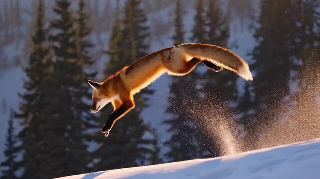 fox animal wildlife in winter snow forest slope. running and jumping across drifted snow. tail streaming behind along ridge. wild movement captures agile behavior in alpine habitat. snow spray.