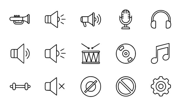 Thin line music and audio icon set with microphone headphones speaker volume and sound control symbols