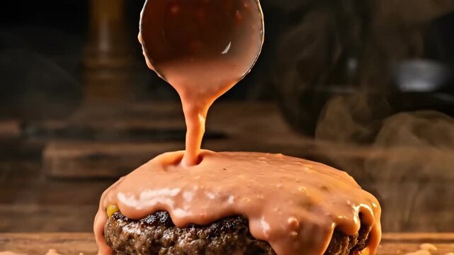 Sauce pouring onto stacked burger patty. Dripping condiment over beef with cheese and toppings. Appetizing fast food preparation sequence in motion.