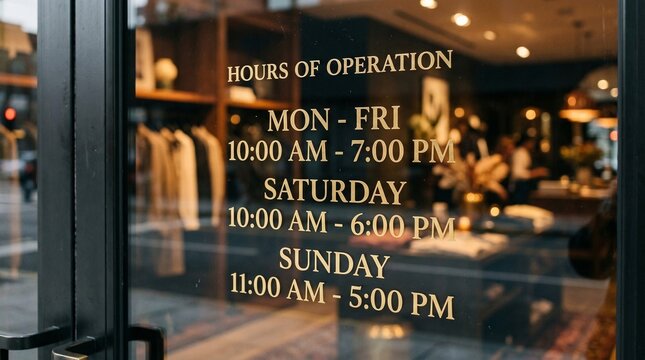 Store hours of operation on glass door of upscale boutique shop