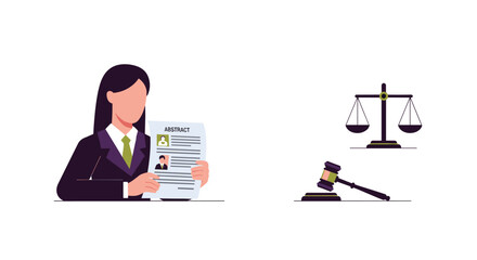 Fototapeta premium A woman in a suit holds an abstract document, leading to legal and environmental icons, scales of justice, and a gavel.