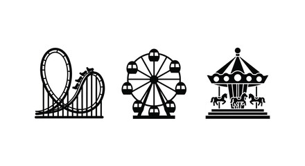 Amusement park icons featuring a roller coaster ferris wheel and carousel silhouette © DELRUBA