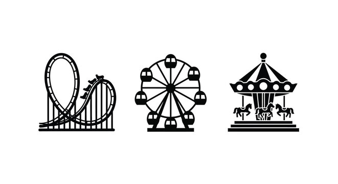 Amusement park icons featuring a roller coaster ferris wheel and carousel silhouette