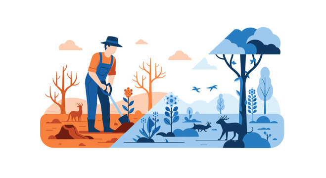 A man plants a flower in a barren landscape contrasting with a lush forest scene on the right.