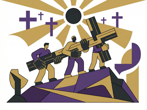 Concept of religious devotion with people carrying crosses and religious symbols