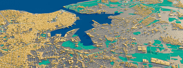 3D rendering map of Havana City view. 3D illustration of an aerial view of Havana, Cuba.