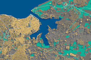 3D rendering map of Havana City view. 3D illustration of a top view of Havana, Cuba.