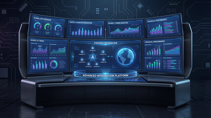 Fototapeta premium Business integration embeds data analysis decision-making concept. Futuristic control room displaying advanced data analytics.