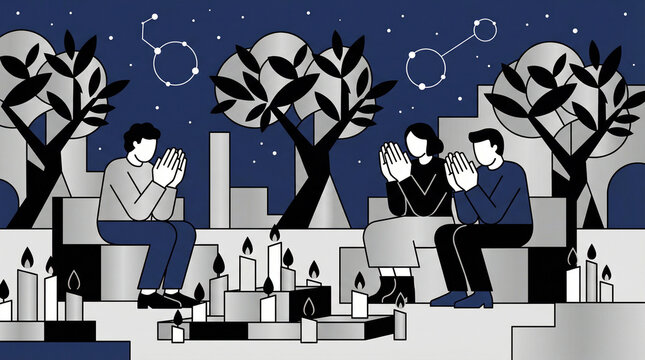 People praying together at night under a starry sky in flat vector style