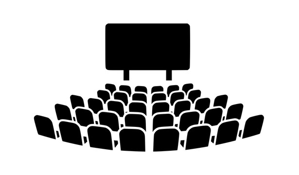 Cinema hall icon vector with seating rows and screen simple filled design isolated on white background