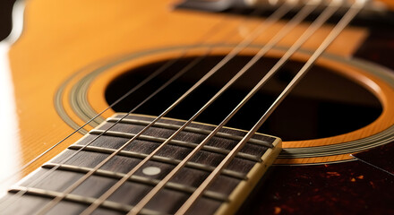 Fototapeta premium Intricate close-up of an acoustic guitar's polished wooden body, strings, and fretboard, evoking musical harmony and passion