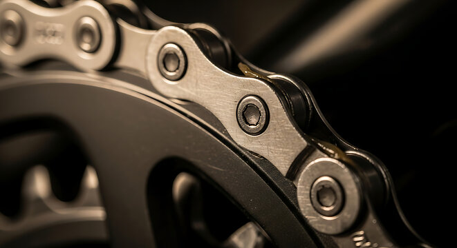 Detailed view of shiny bicycle chain links and sprocket, emphasizing durability and mechanical movement