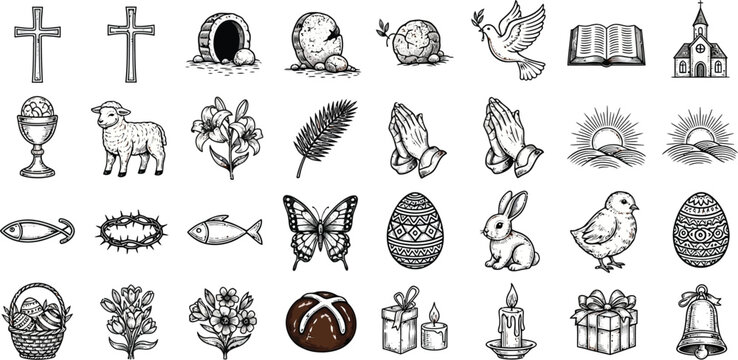 A collection of black and white line art icons depicts various religious and springtime symbols related to Easter celebrations.