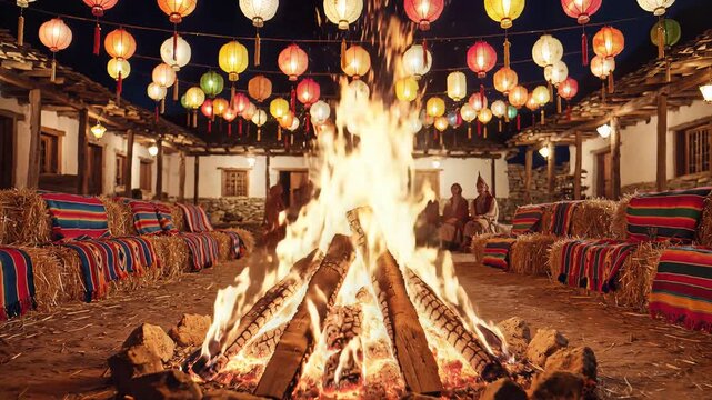 Bihu Festival Traditional Night Celebration with Large Bonfire