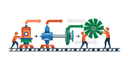 Naklejka premium Four workers assemble a large green turbine fan on an assembly line with various industrial components.