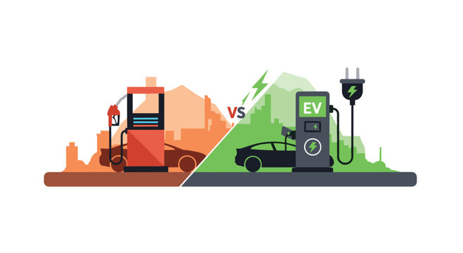 A split image contrasts a gas station and a car with an electric vehicle charging station and a car, both against city skylines.