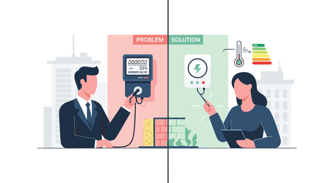 A split illustration contrasts a man with an inefficient energy meter and fire against a woman with an efficient energy device and ratings.