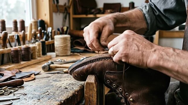 Handcrafted shoemaker leather shoe repair restoration workshop artisan handcraft repairing leather boot with careful stitching vintage tools durable
