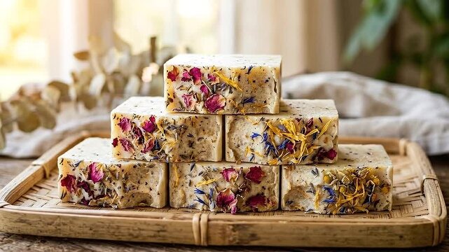 Handmade natural soap bar with dried flower petals and rose petals stacked woven wooden tray promoting conscious buying, eco friendly self care