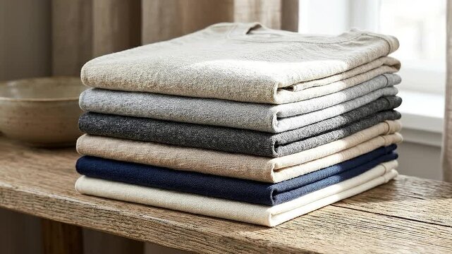 Soft linen towel and sweater stack neutral gray beige navy cotton linens stacked wooden table conscious buying for minimalist home spa wardrobe